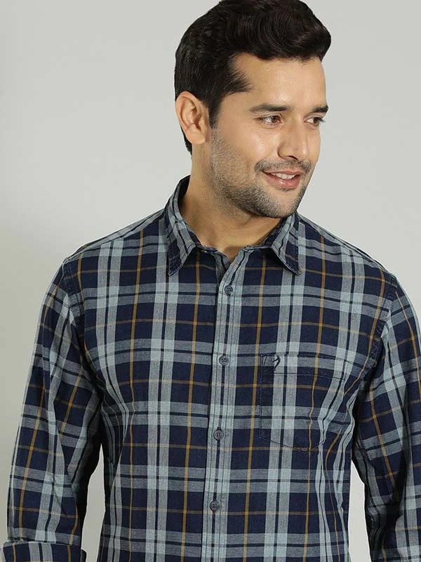 Indian Terrain Men's Slim Fit Full Sleeve Checkered Dark Blue Shirt